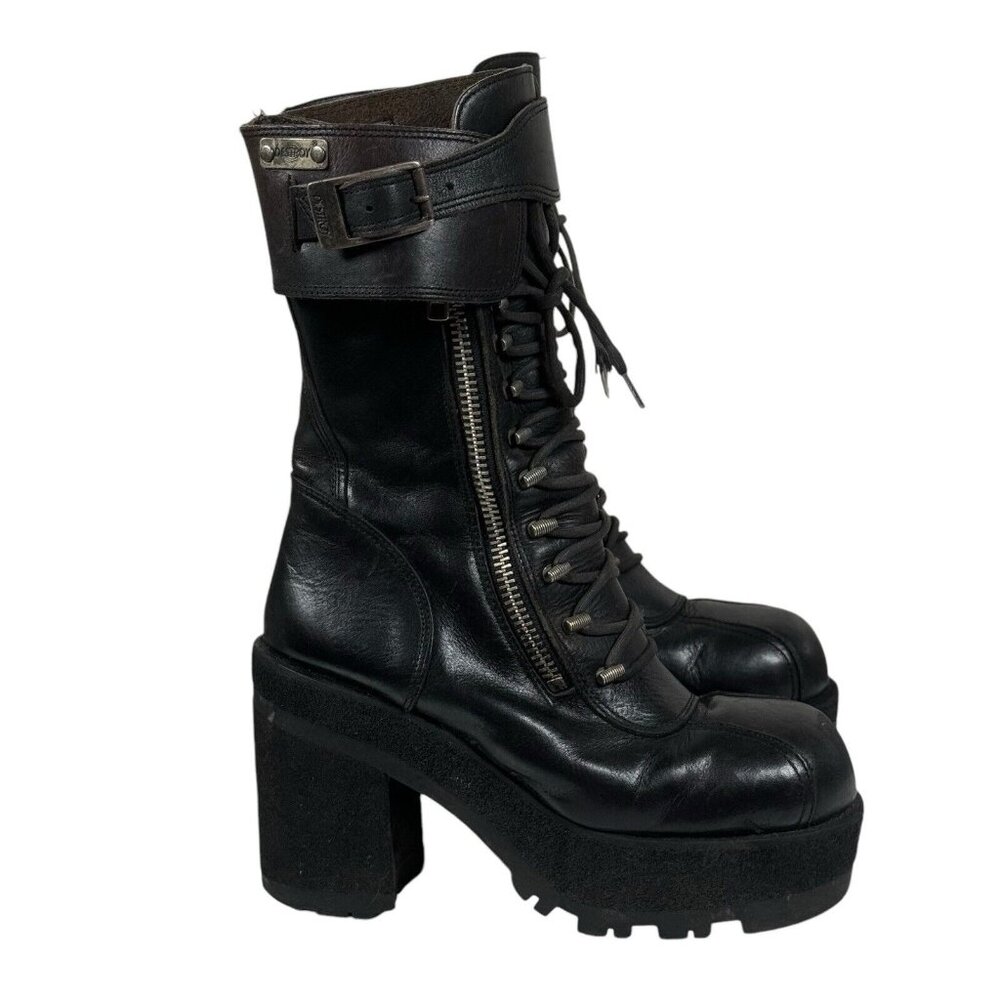 Women's Black Platform Lace-Up Ankle Boots with Buckle
